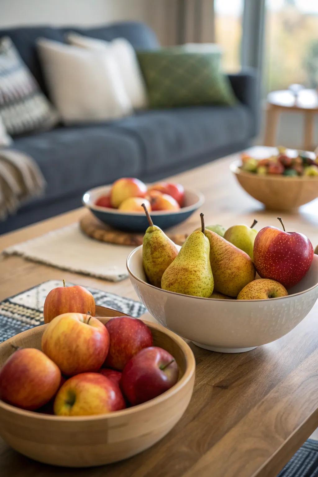 Edible decor of apples and pears adds beauty and practicality to the space.