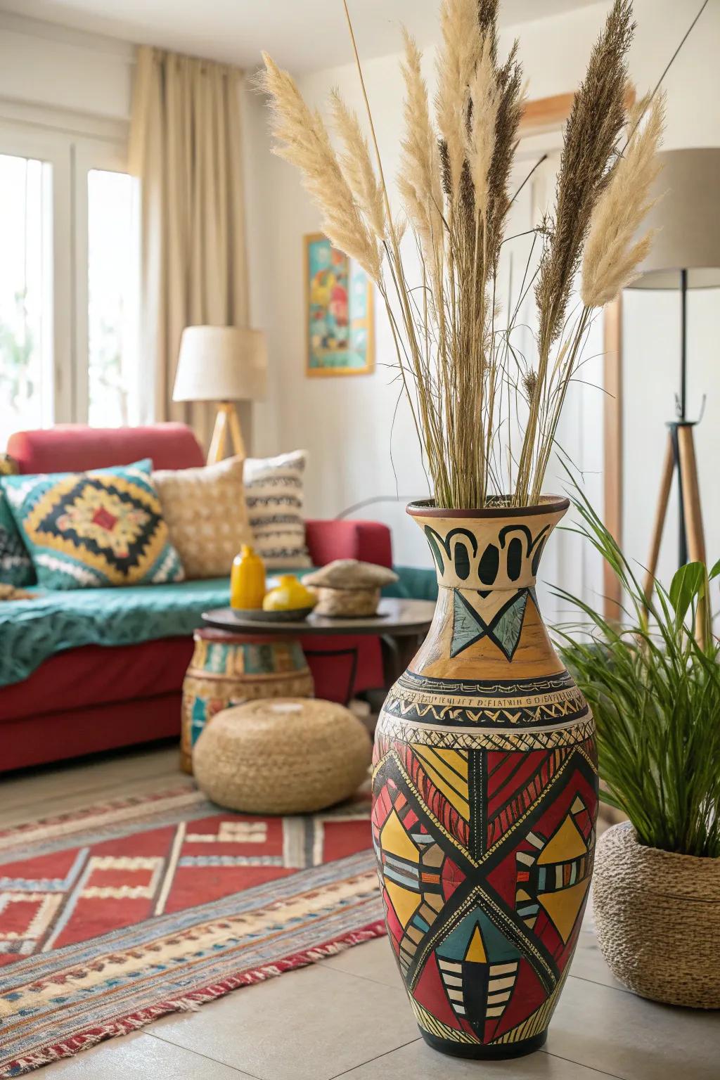 Tribal patterns on a floor vase fill the living room with global design.