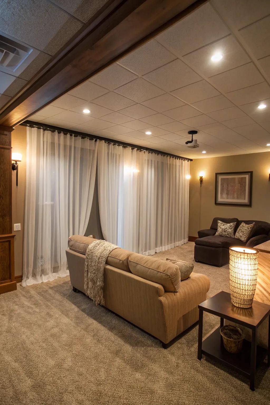Full-length drapes add elevation and grace to basement windows.