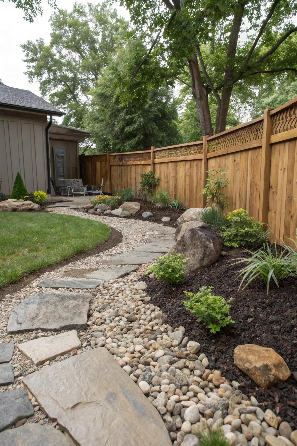 A harmonious convergence of materials fashioning an elegant backyard.