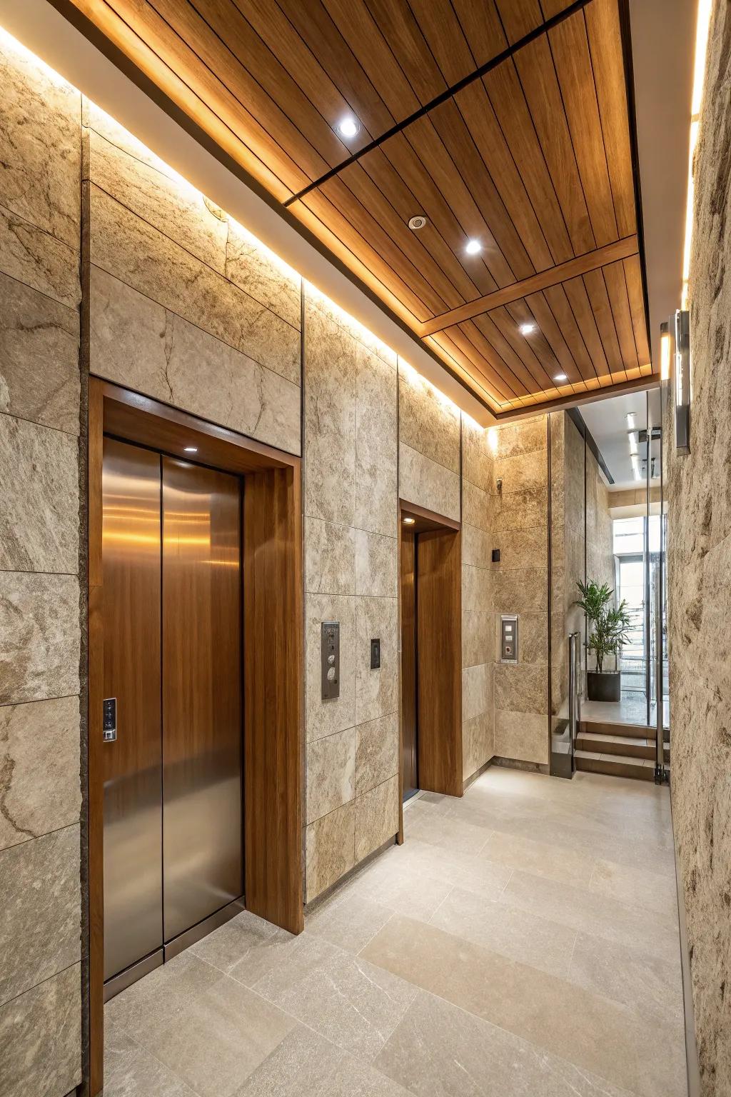 Natural elements foster a cozy and inviting elevator ambiance.