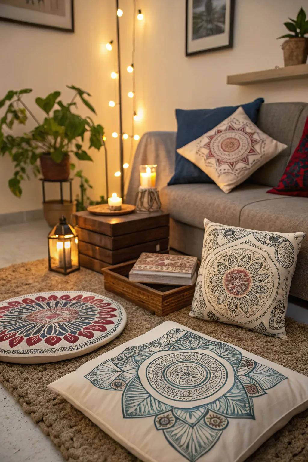 Small pattern designs adding charm as highlights in a living room.