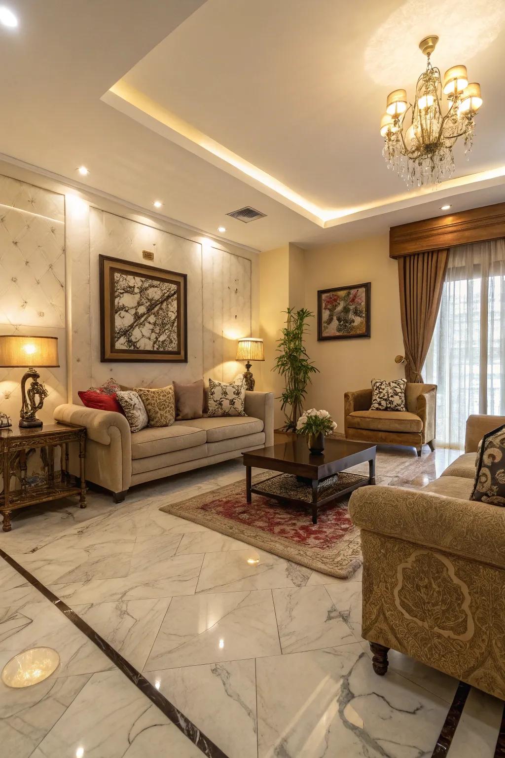 Unified color palettes enhance marble flooring's elegance.