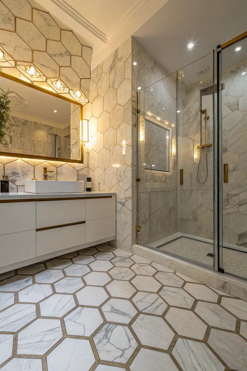 Modern hexagon marble porcelain tiles add geometric interest to this bathroom.