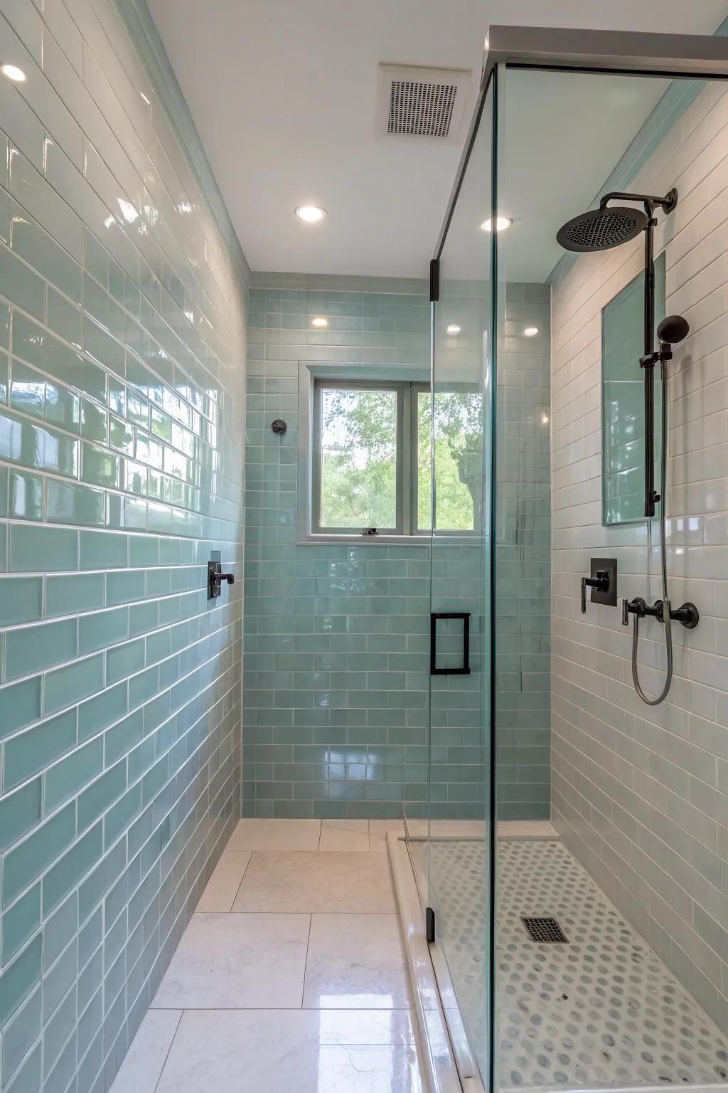 A shower featuring seamless glass tiles, enhancing light and openness.