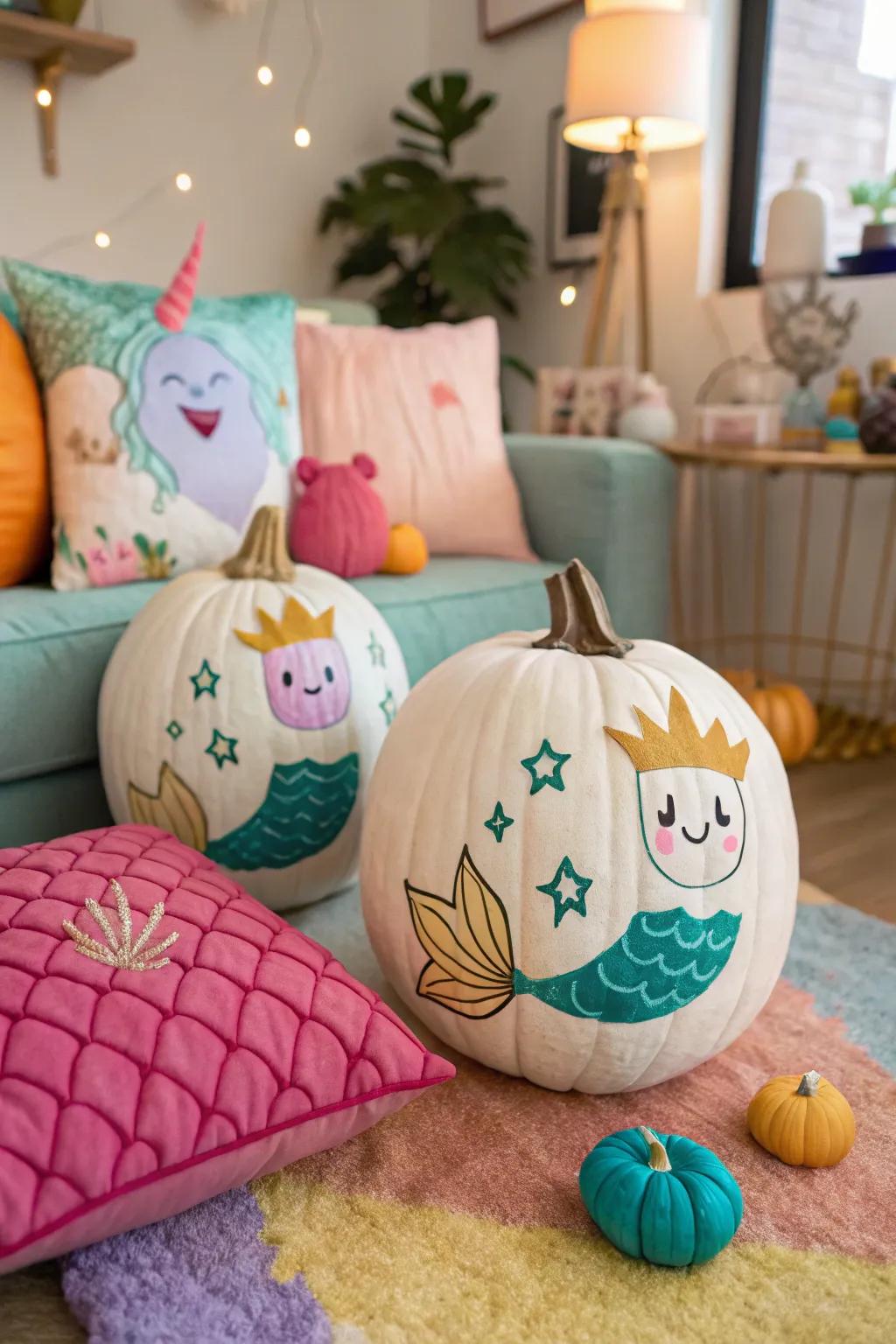 Cartoon mermaid faces bring a playful personality to your pumpkins.