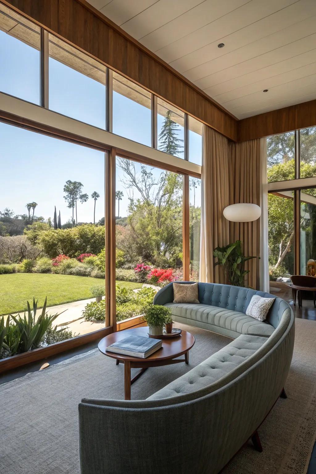 Large windows offering indoor-outdoor views enhance this mid-century modern living room.