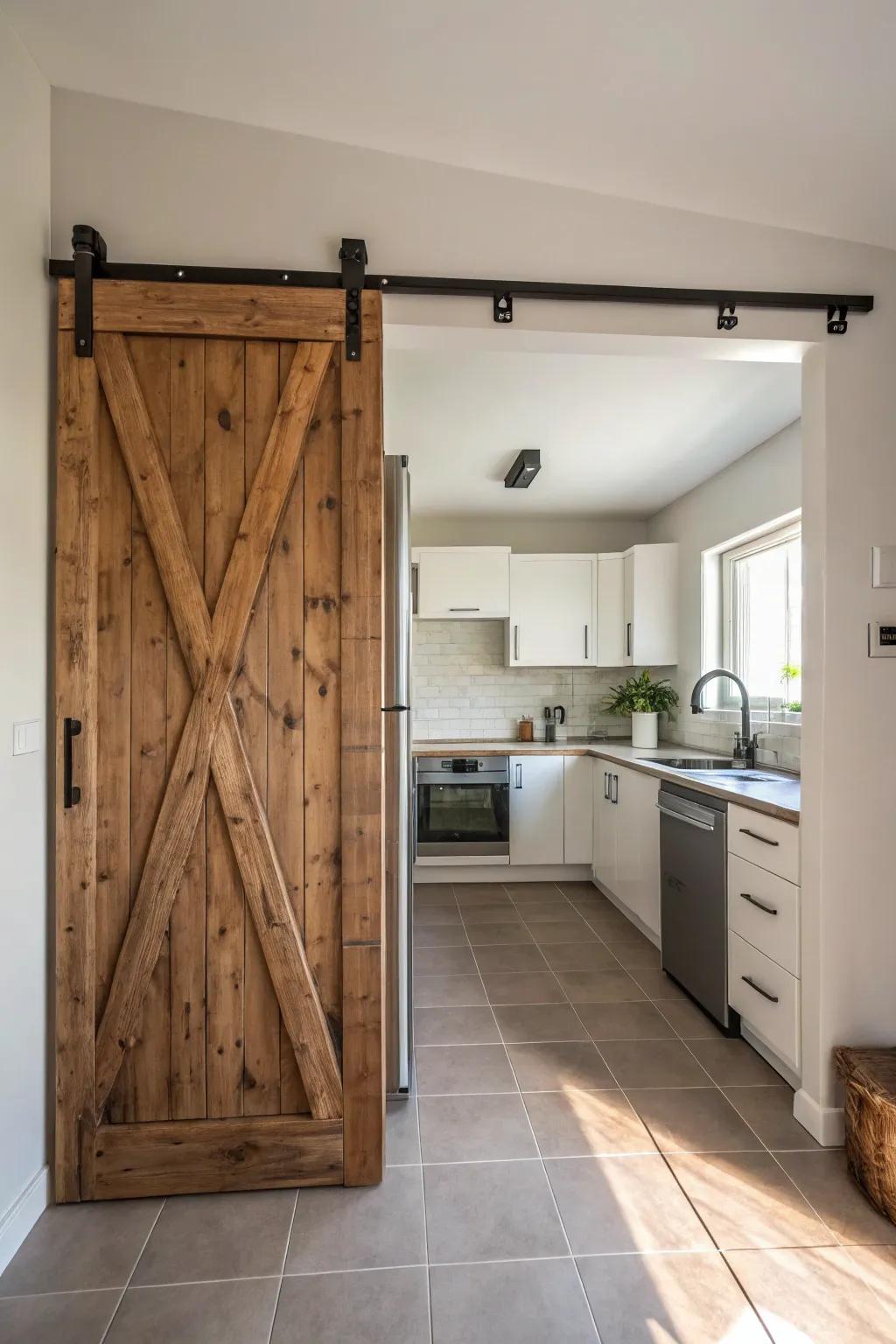 Sliding barn doors maximize space efficiency in small areas.