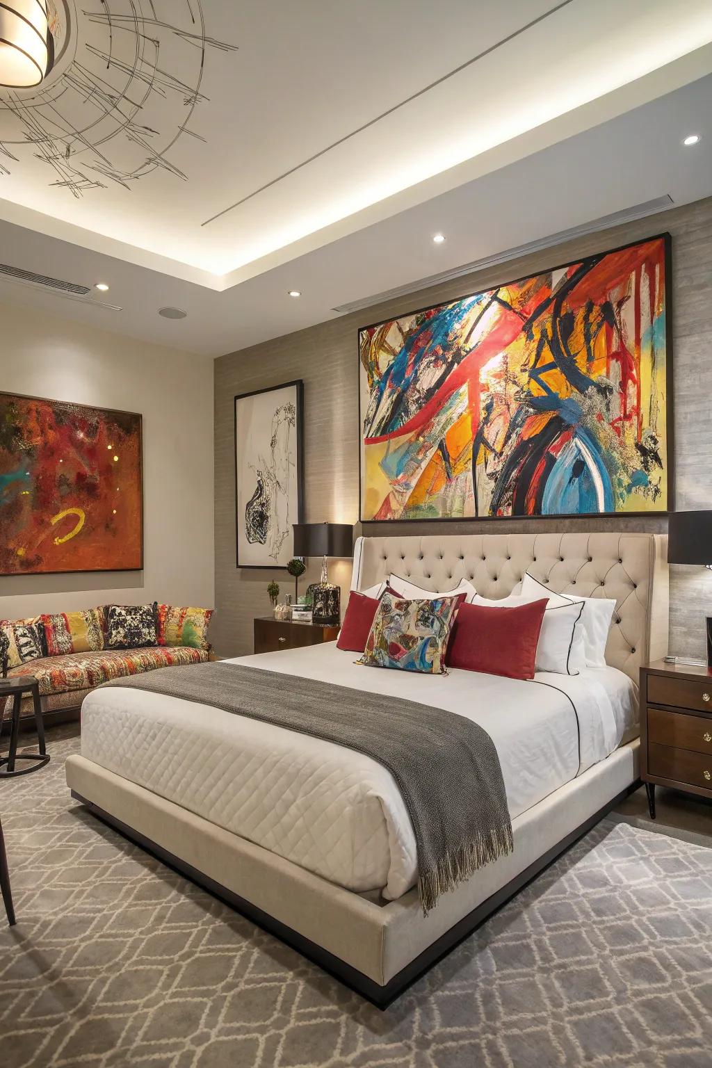 This contemporary bedroom is given a striking accent by expressive artwork.