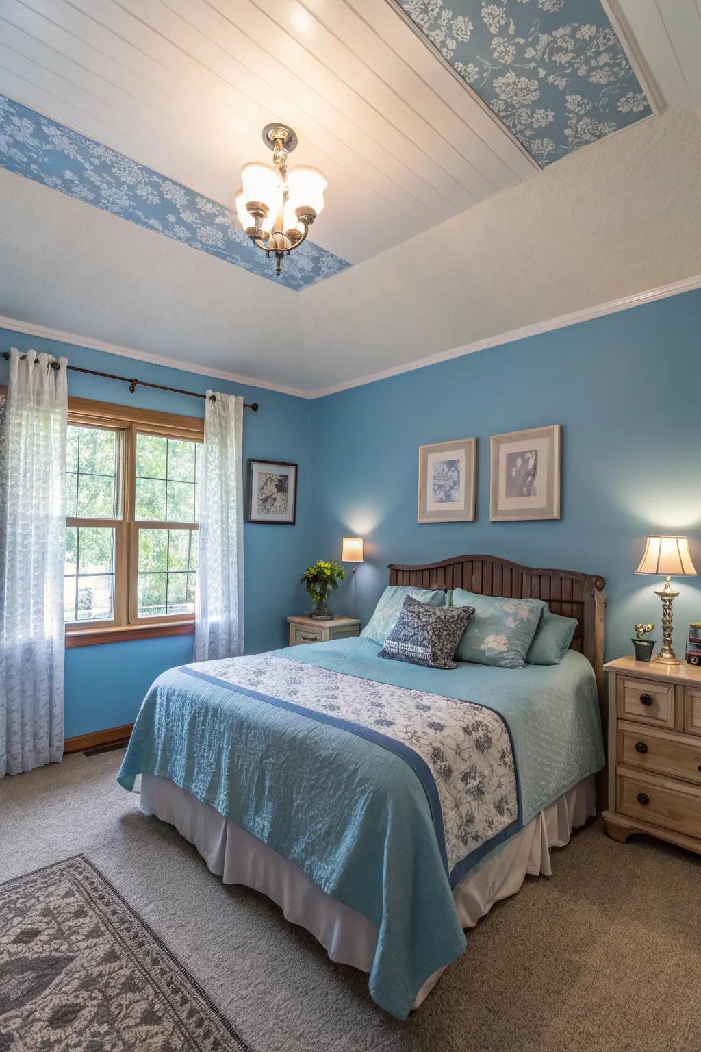 The soft blue ceiling adds an unexpected twist and creates openness within the room.