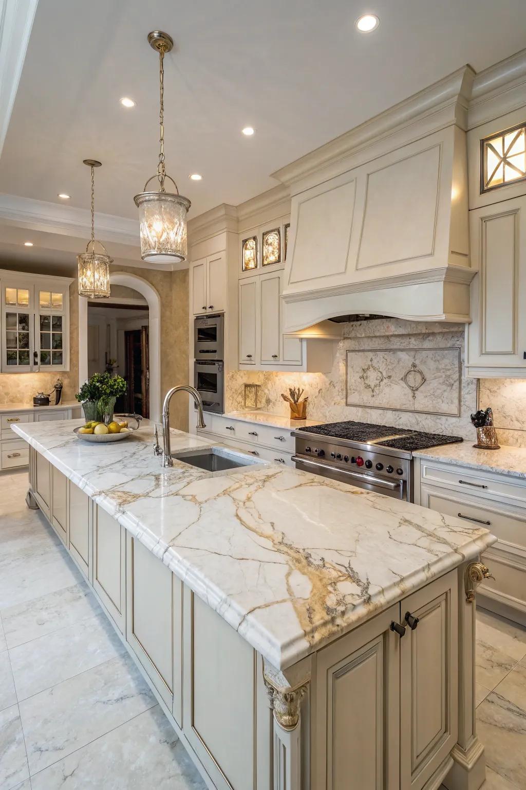 Natural stone tiles bring timeless elegance to this kitchen.