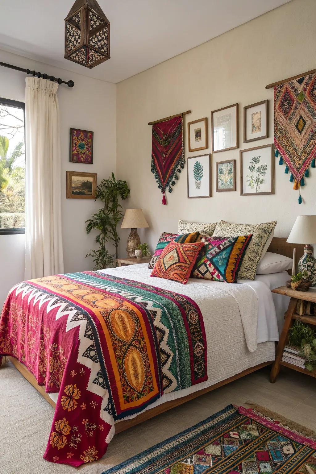 A bedroom with worldwide fabrics and patterned throws.