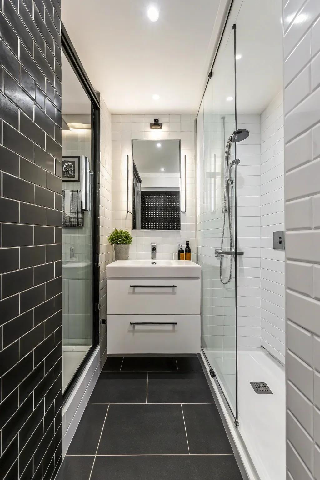 Contrasting colors introduce sophistication and depth within compact bathrooms.