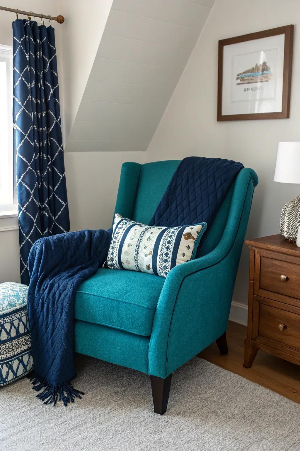 A teal chair serves as useful sitting and a vibrant focal point.