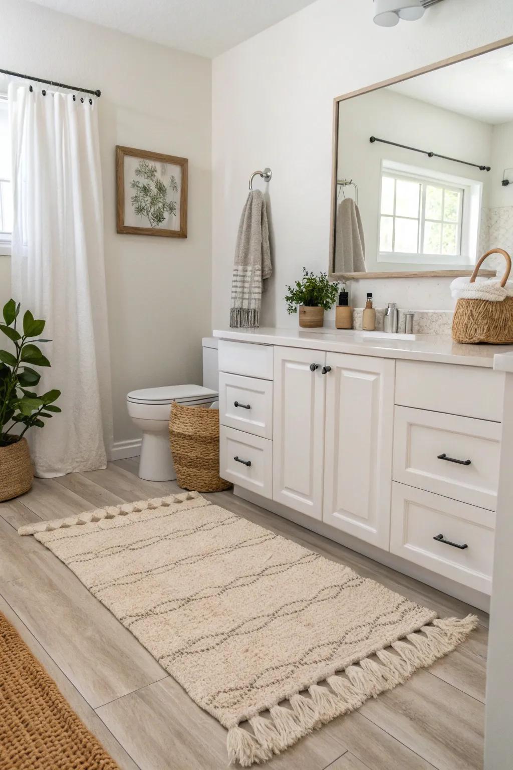 A soft rug adds warmth and comfort to this neutral bathroom.