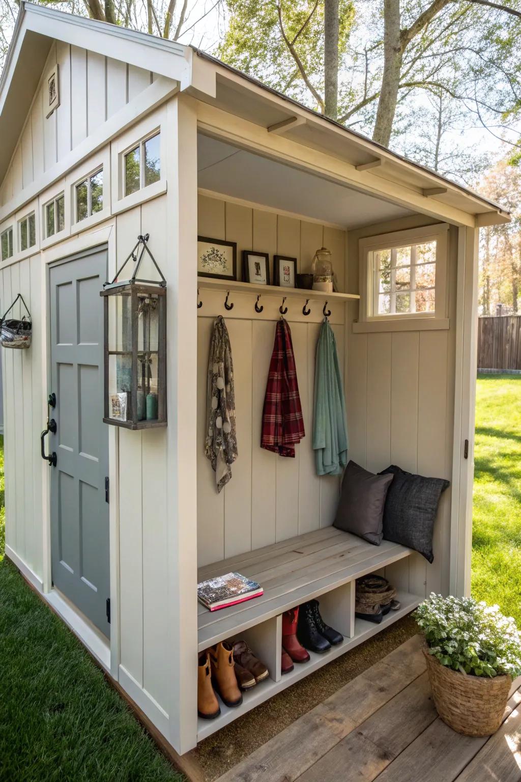 A garden outbuilding can be easily transformed into a practical changing area.