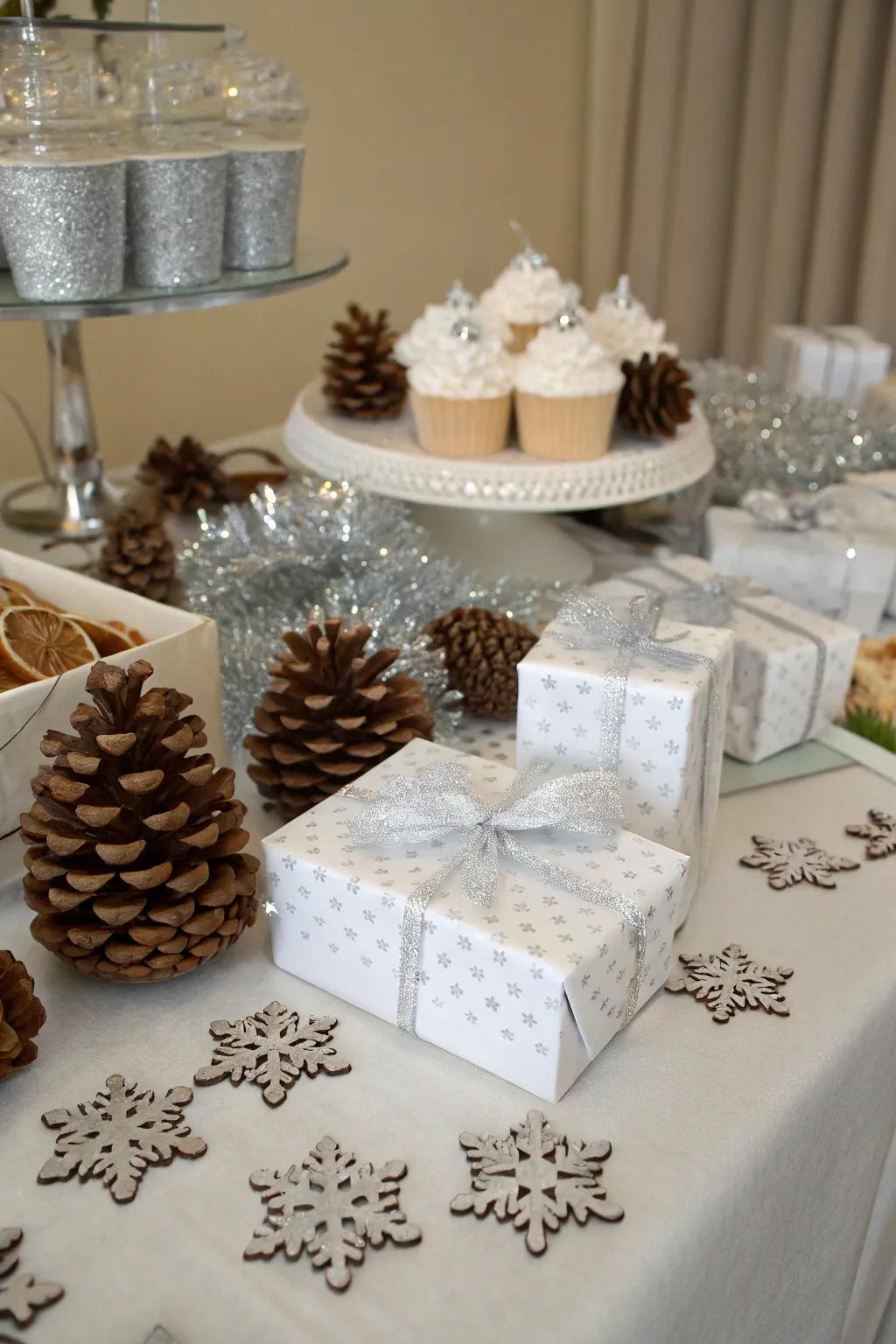 Winter-themed party favor table with seasonal accents.