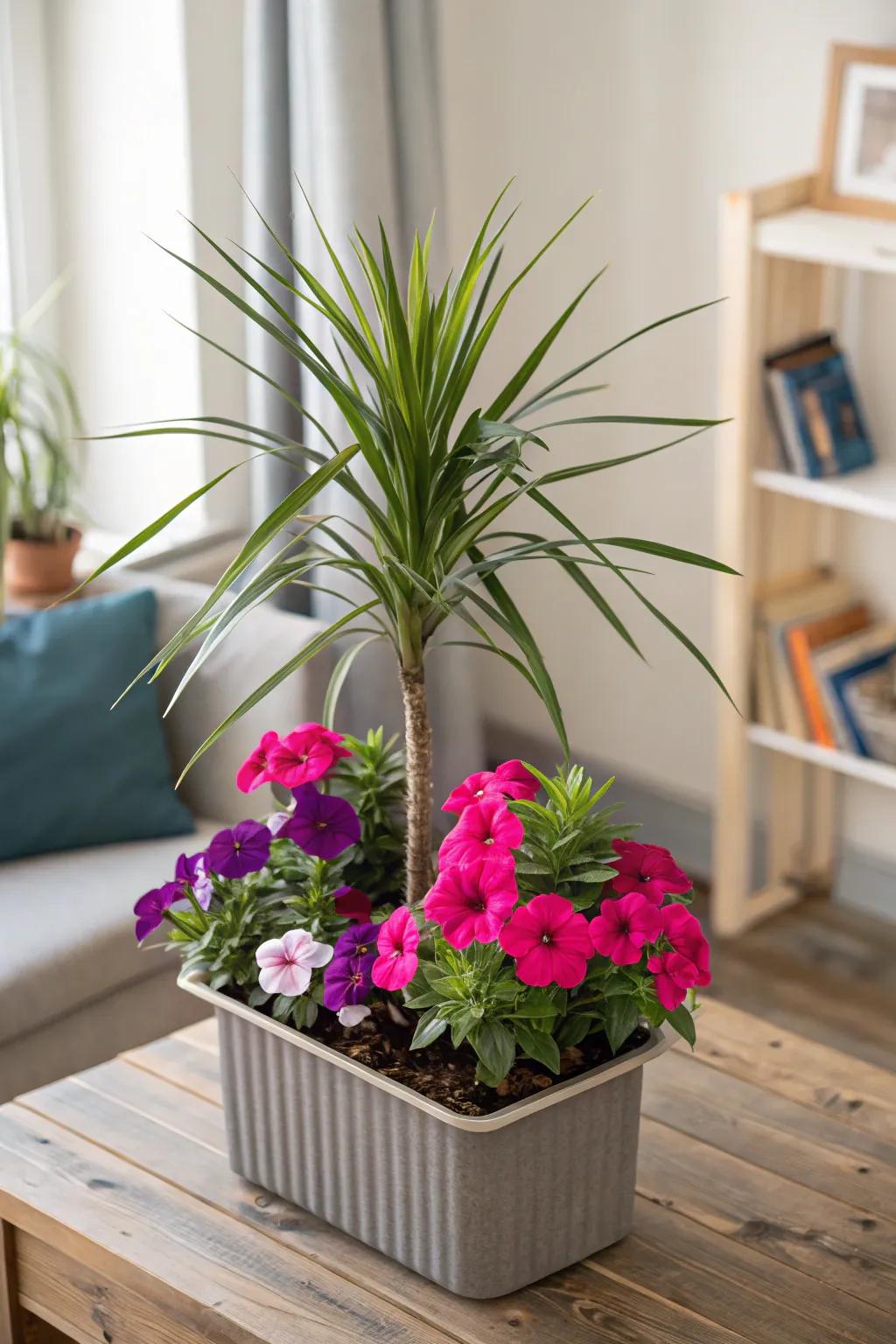 Skyrocket plant introduces dramatic elevation to petunia compositions.