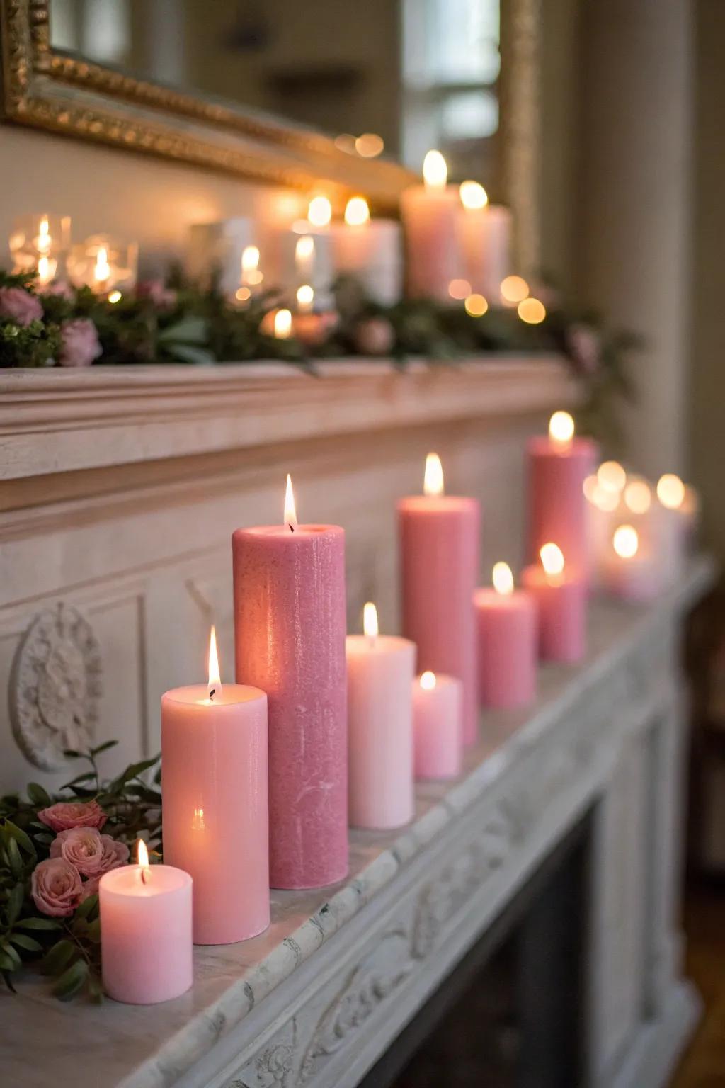 Rosy candles establish a warm and inviting atmosphere.