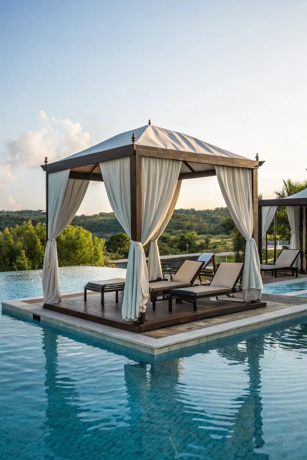 A luxurious floating cabana providing a unique poolside experience.