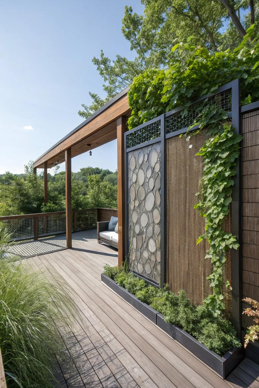 A solitude screen with mixed materials adds depth and interest to a deck.