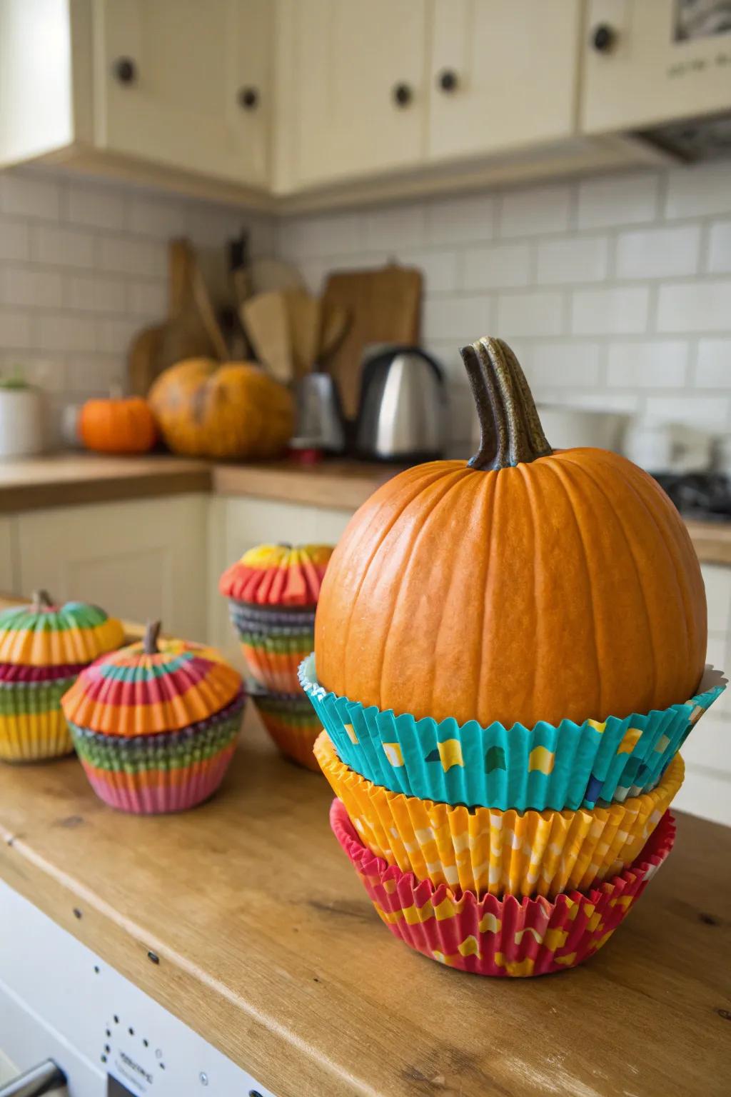 Craft a playful, textured pumpkin design with baking liners.