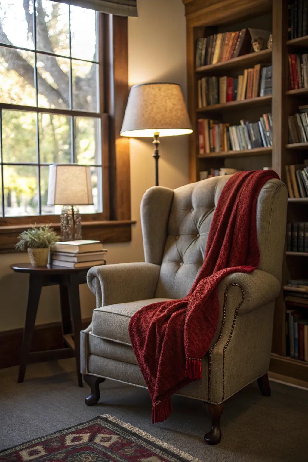 A reading nook with a silver armchair and a scarlet throw.