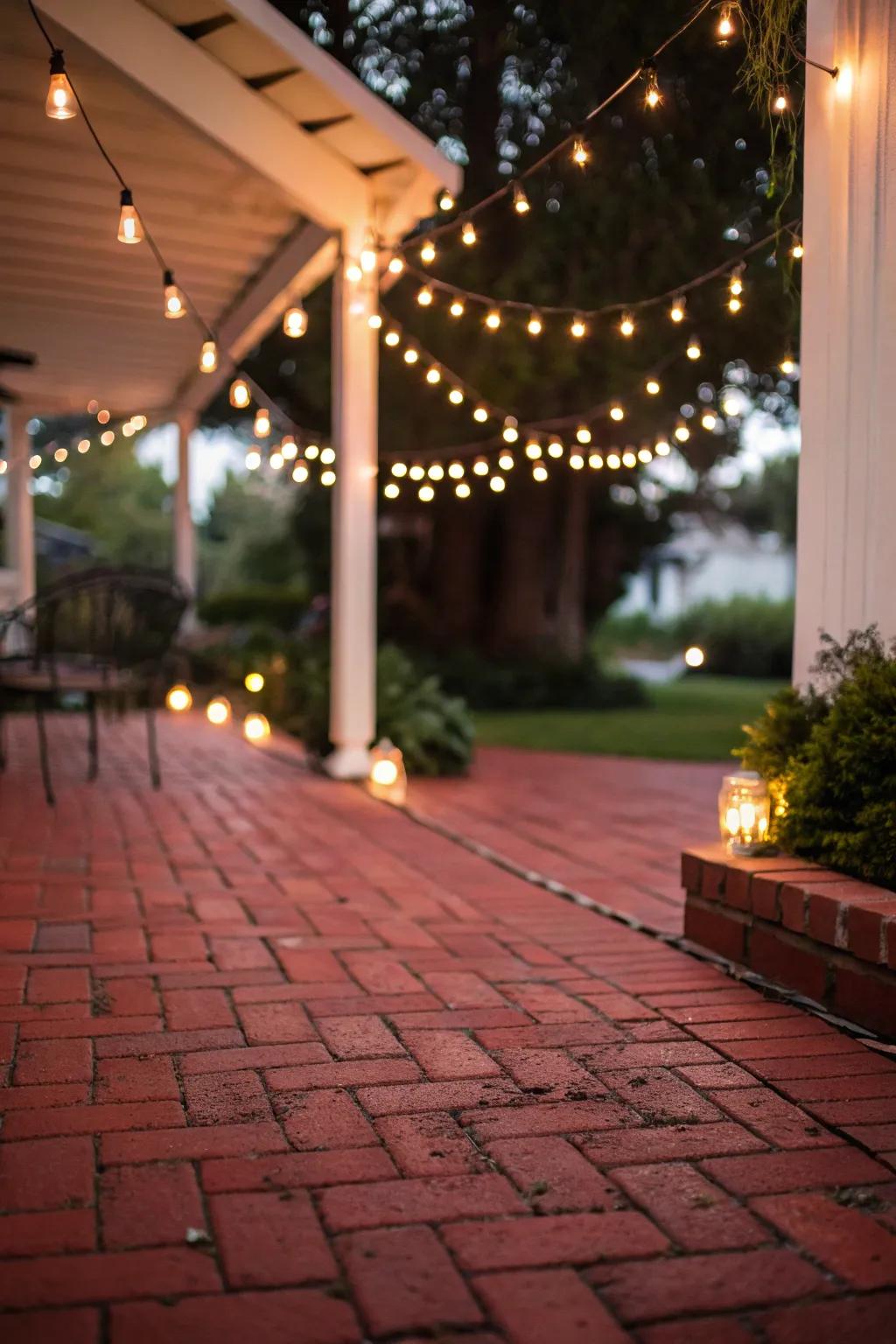 A red brick patio aglow with romantic string lights