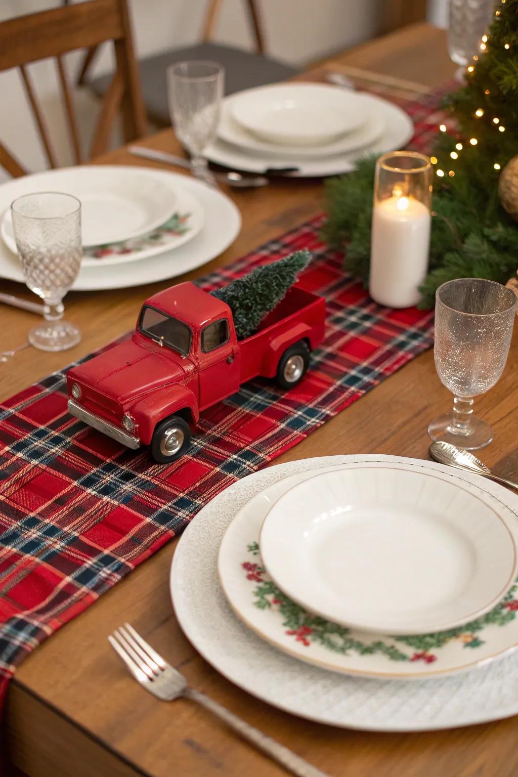 Festive table setting with a scarlet pickup and checkered table runner.