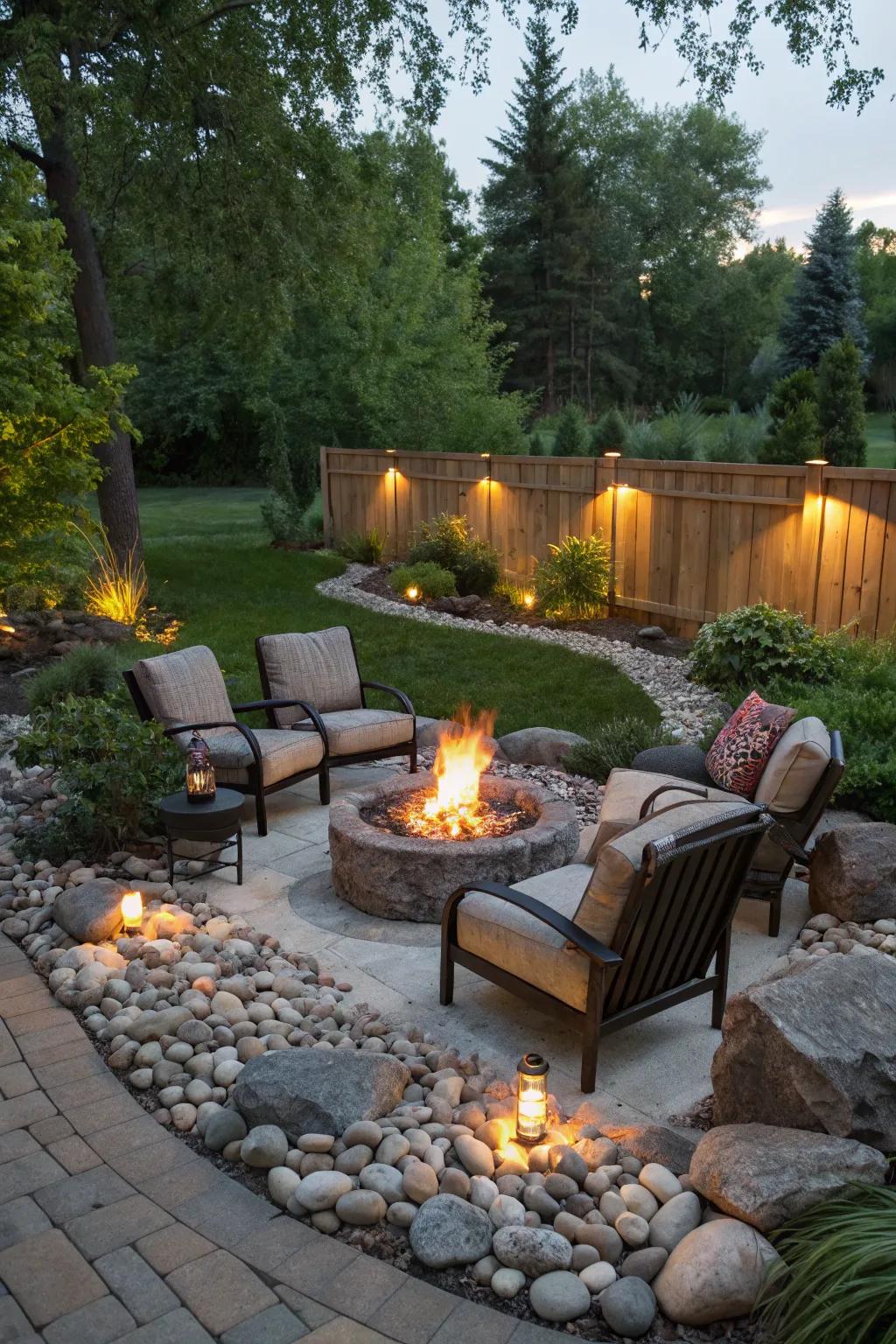 Craft an inviting fire pit setting with river rocks.
