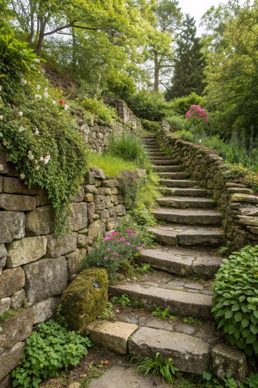 Rock steps add style and function to garden walls.