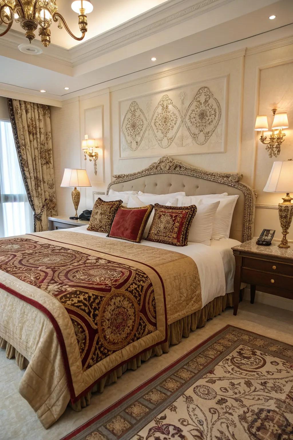 High-quality bed linens enhance the comfort and luxury of this bedroom.