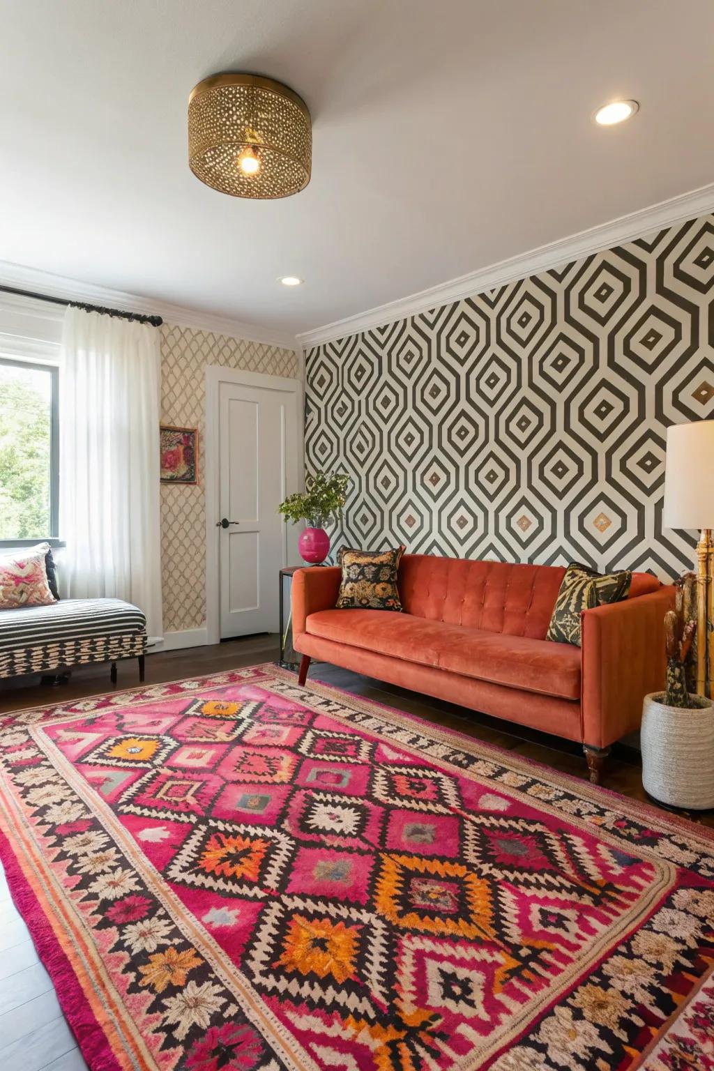 Bold patterns add a striking element to this room's decor.