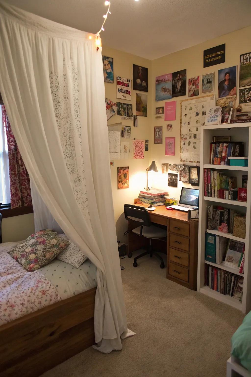 Curtains around the bed create a cozy and private nook.