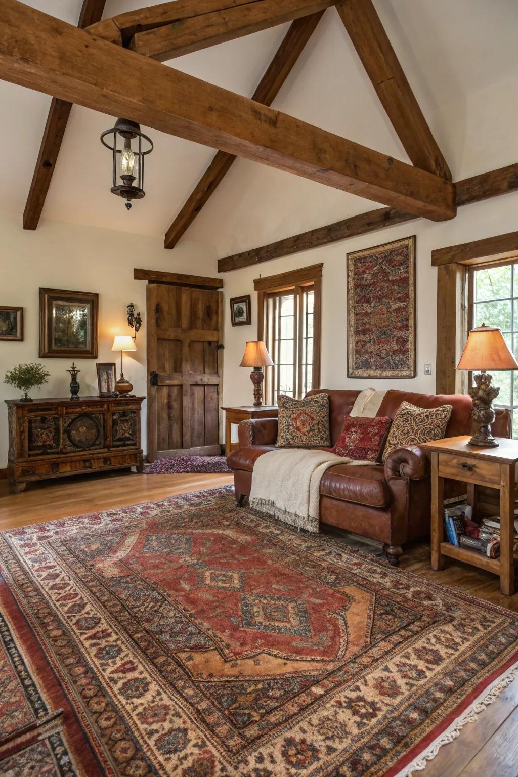 Vintage ground coverings inject depth and elaborate designs to countryside living rooms.