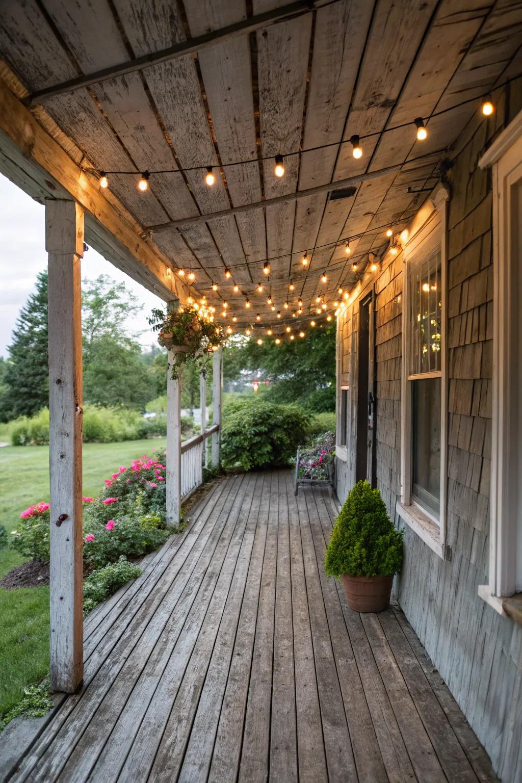 Strand lights contribute a wondrous glimmer to countryside verandas.