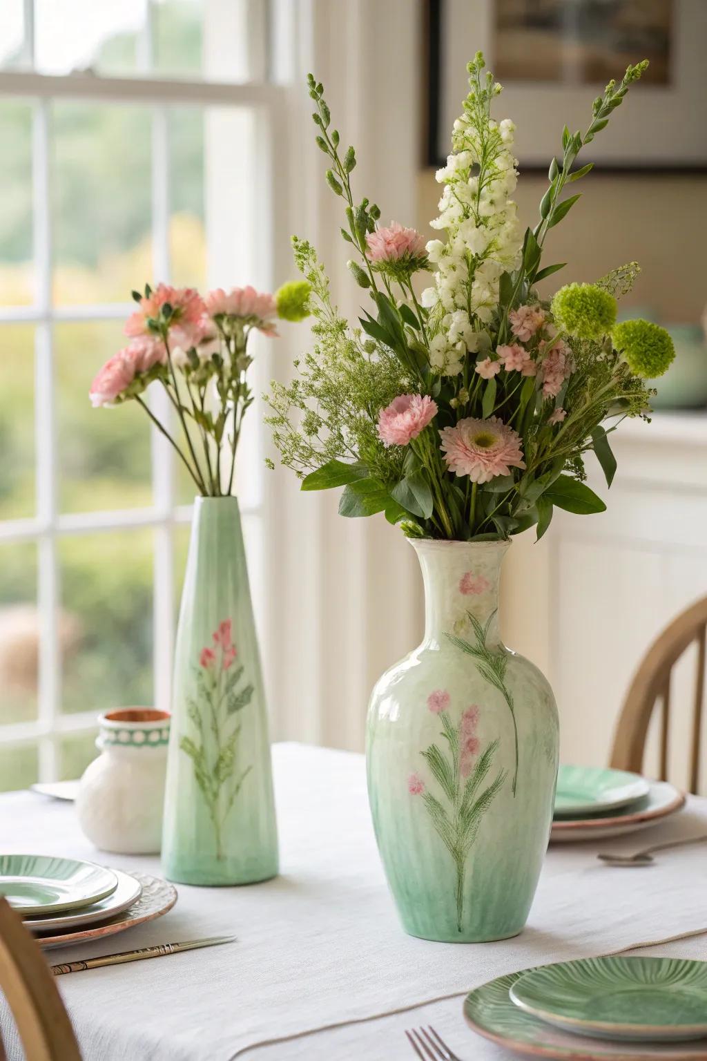 Whimsical watercolor vessels graced with sage undertones for an artistic stroke.