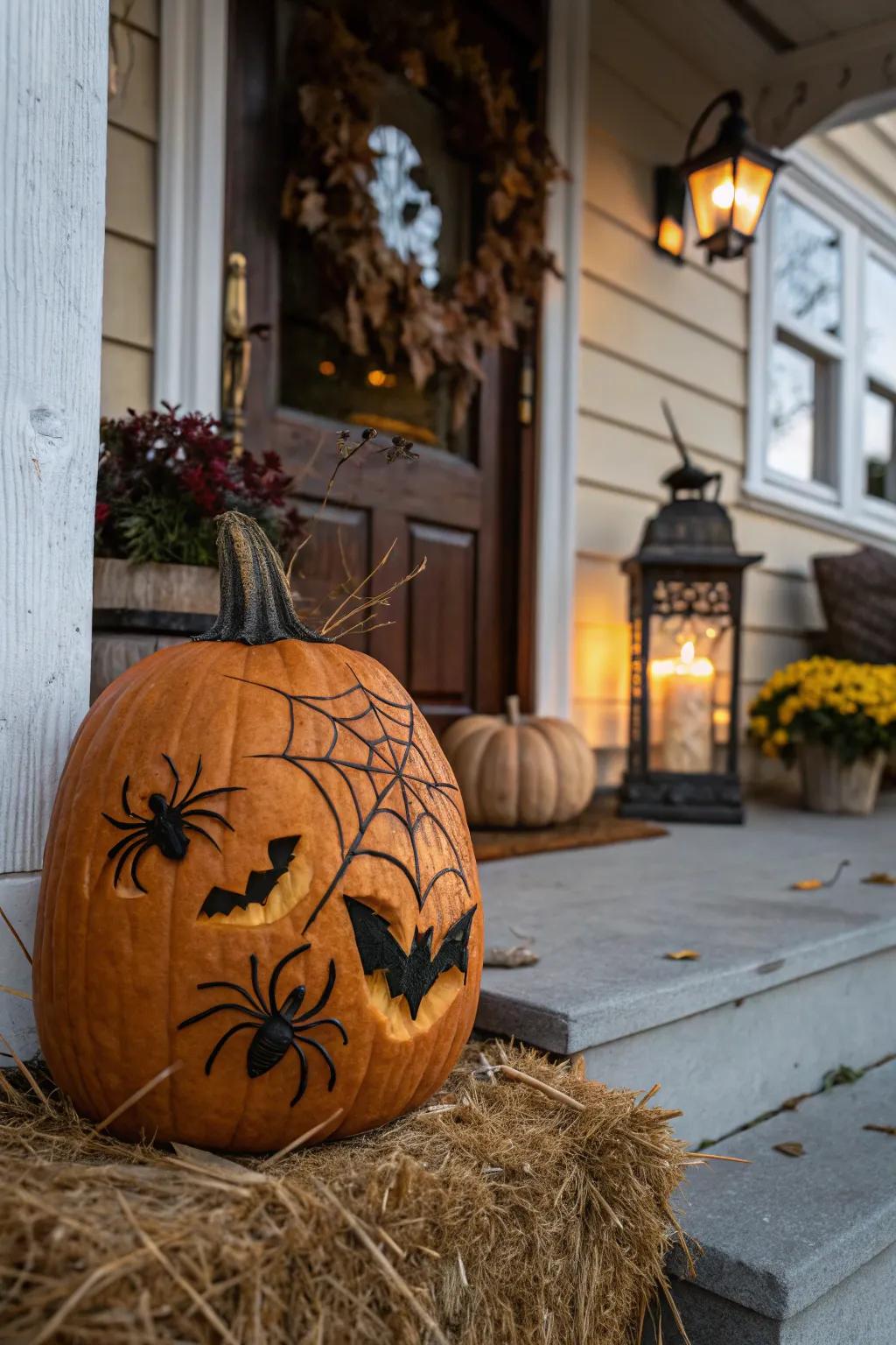 A pumpkin decorated with eerie crawlers, primed for All Hallows’ Eve.