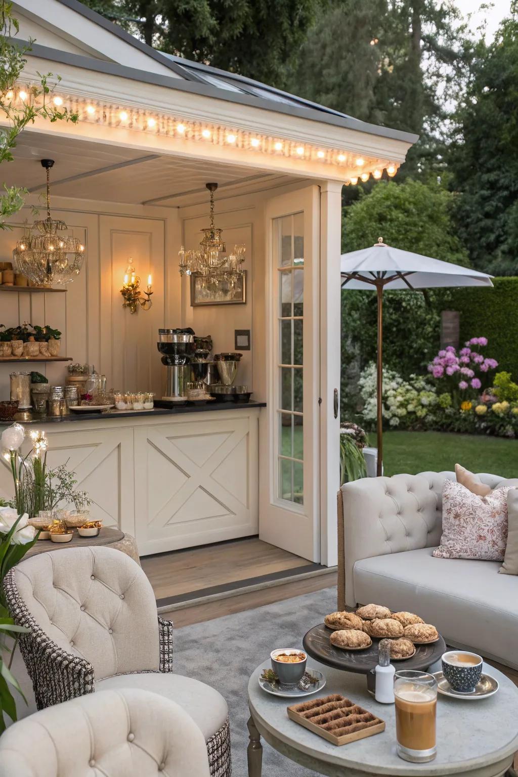 A chic coffee corner for wonderful moments in a she shed.