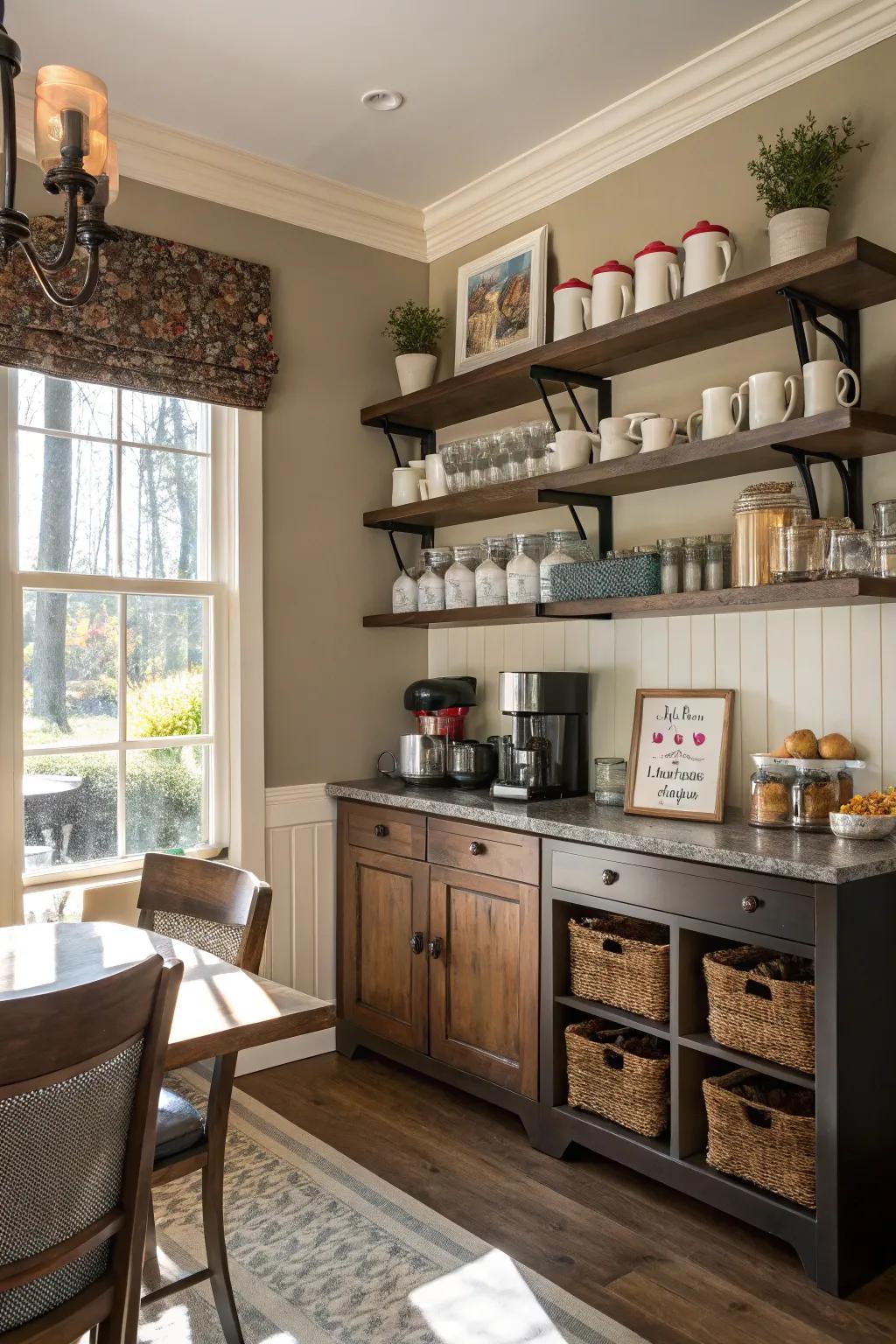 A charming coffee bar setup on dining room shelves.