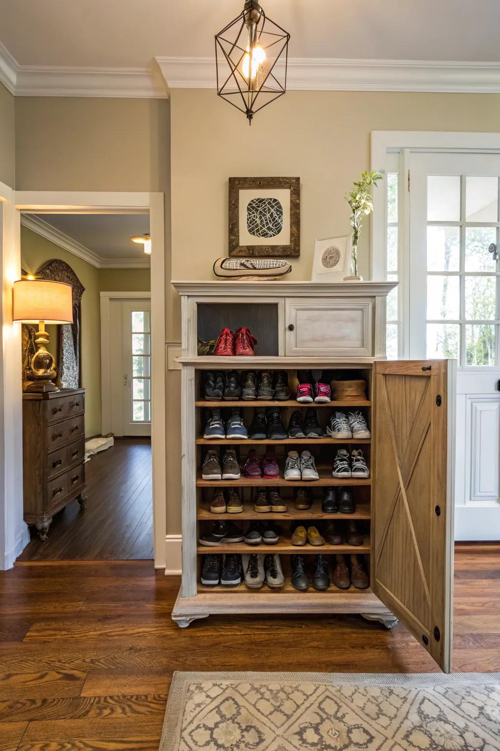 Give new life to old furniture by turning it into a shoe storage unit.