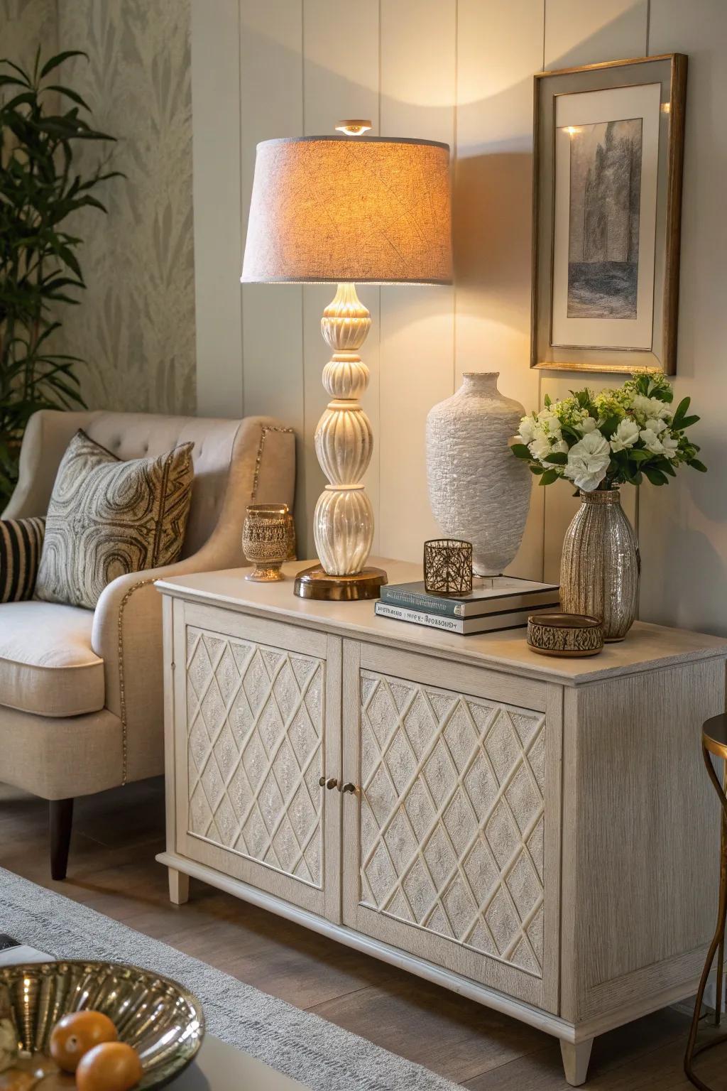 A table lamp on a sideboard provides both functional and stylish lighting.