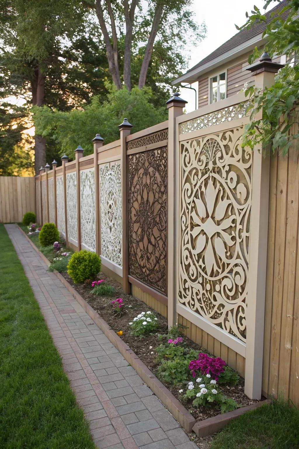 Decorative panels bring style and visual interest to plain fences.