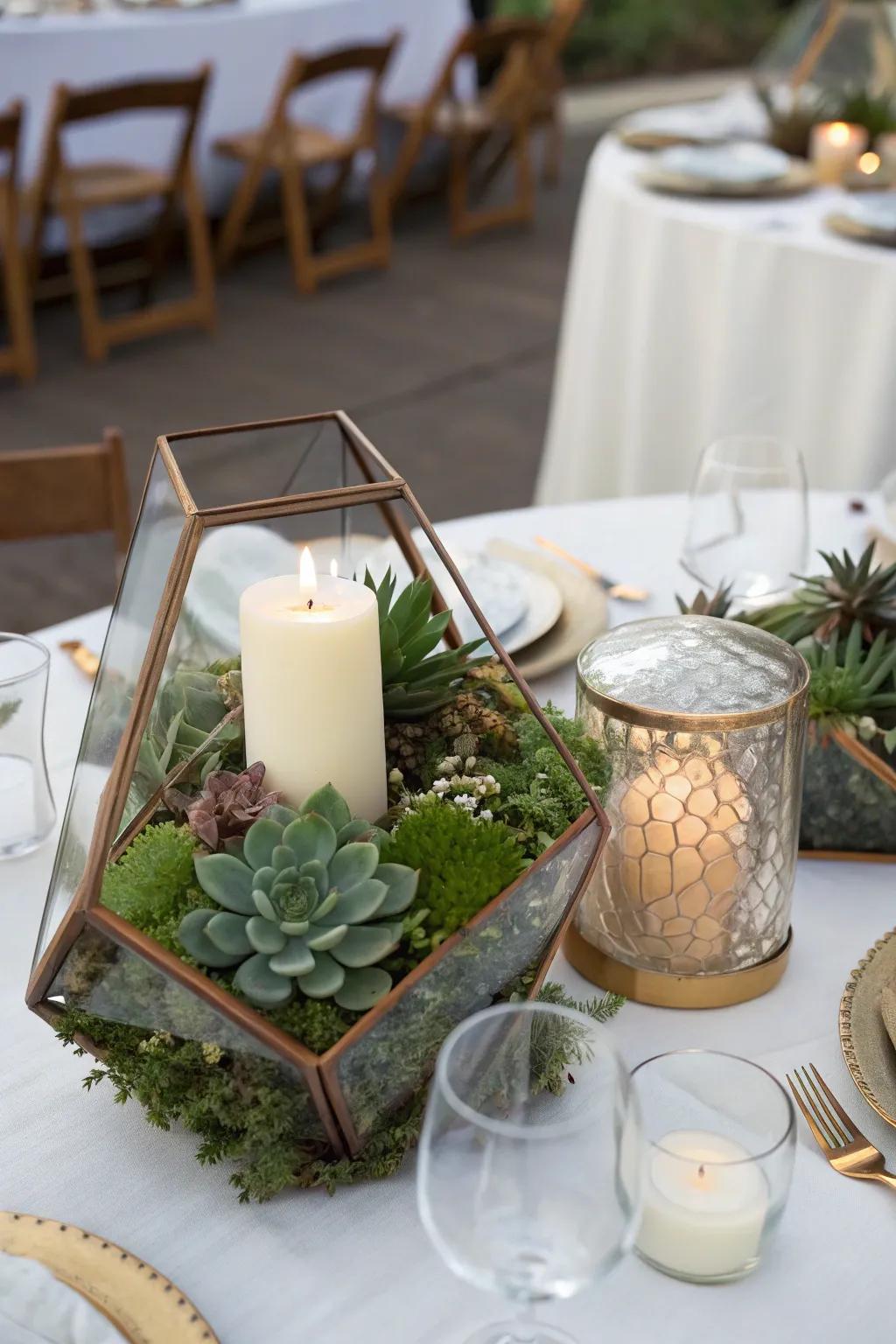 Geometric terrariums add a modern touch to the decor.