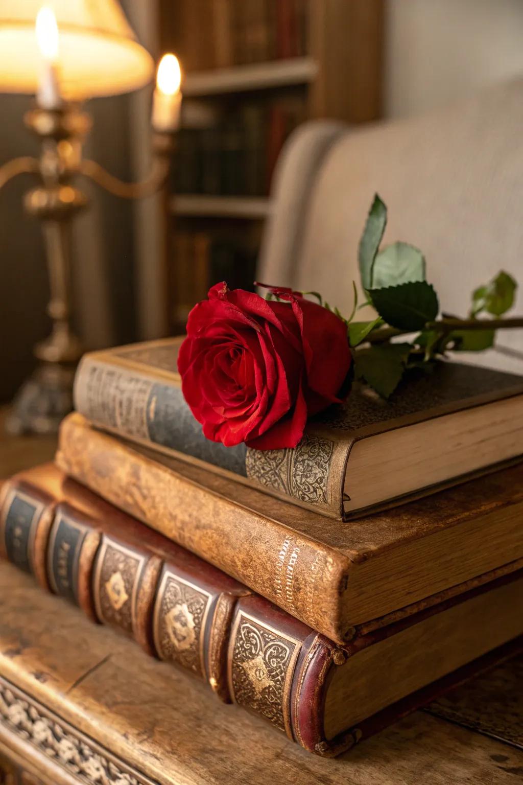Situating a rose atop books infuses a scholarly essence into your space.