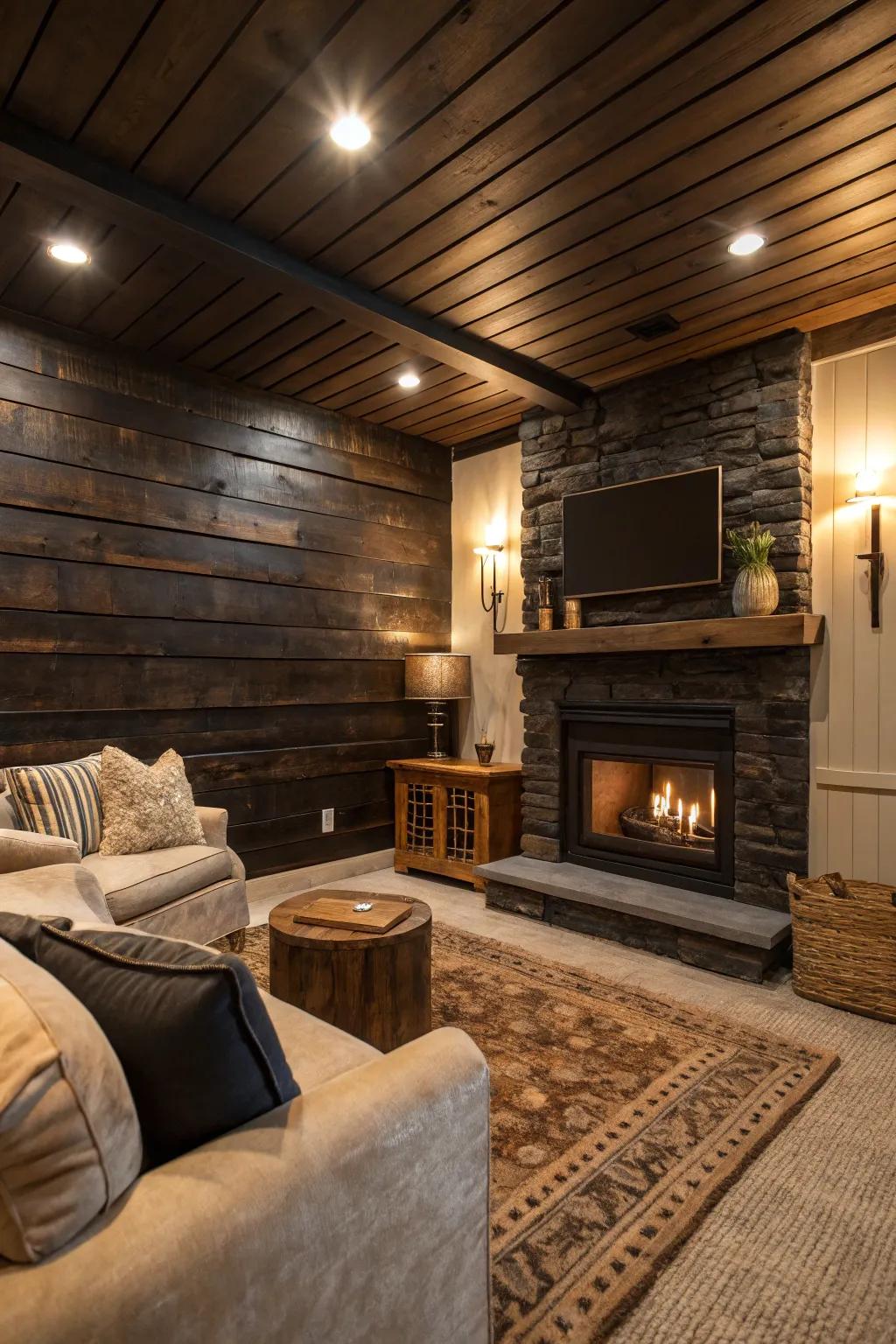 A comfortable den showcasing deep wood slat accents that exude elegance and refinement.