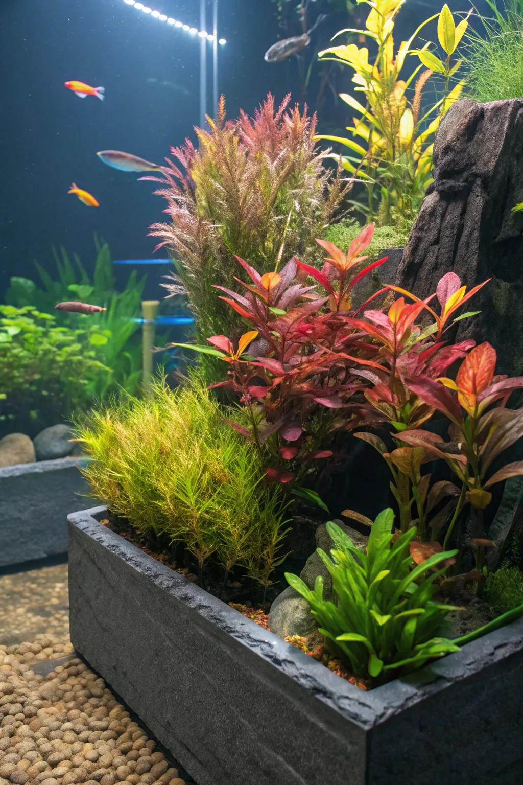 Lush slate planters thriving in an aquarium.
