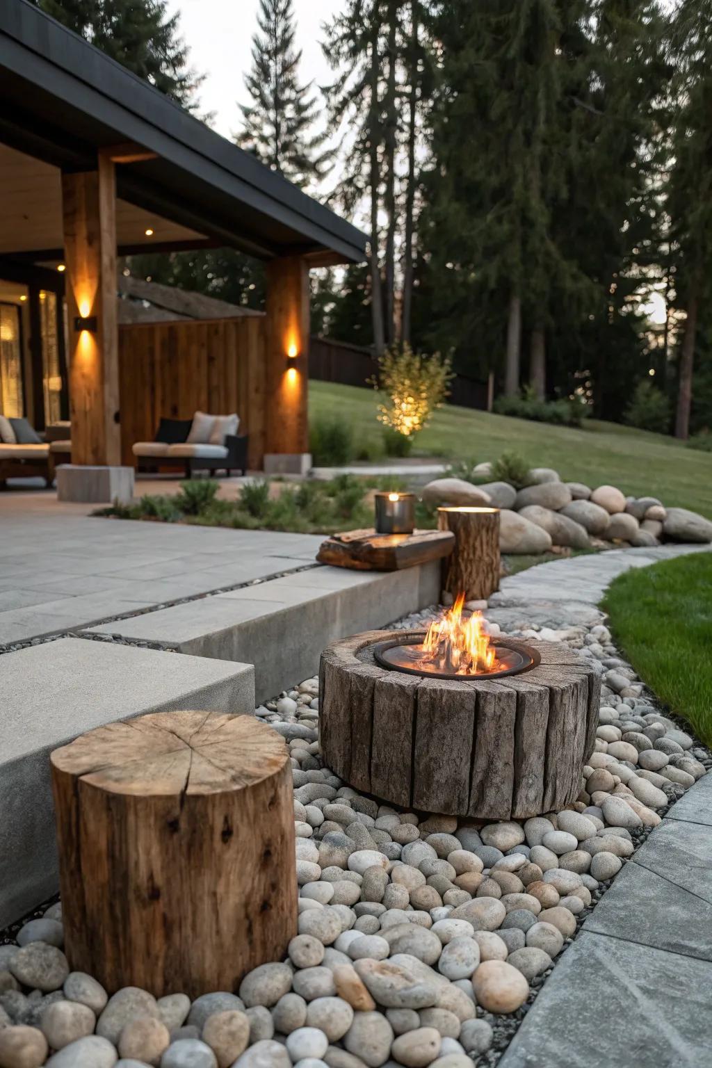 A blend of stone and wood materials creates a balanced and stylish fire pit area.