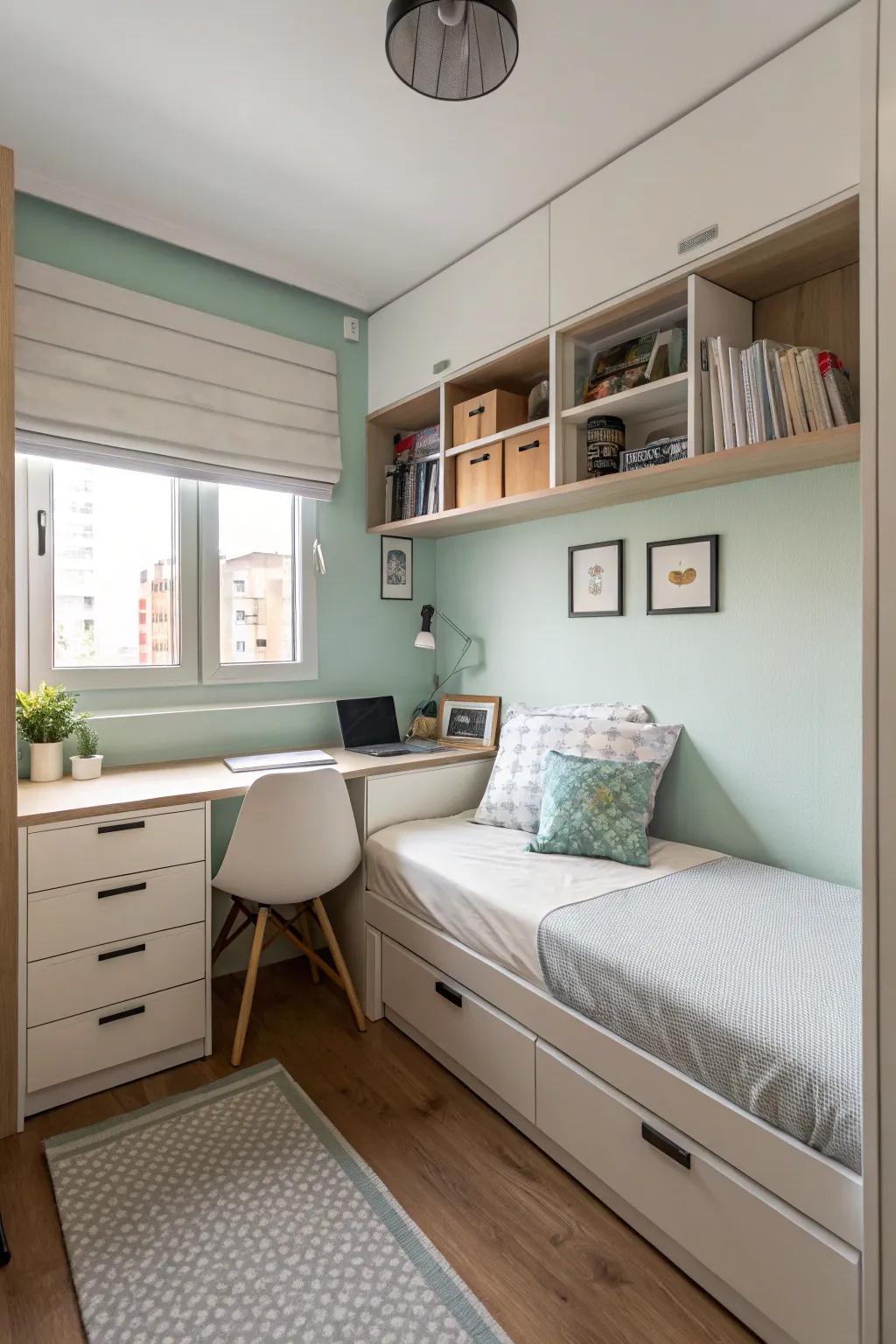 A small bedroom featuring streamlined furniture for a spacious, uncluttered ambiance.