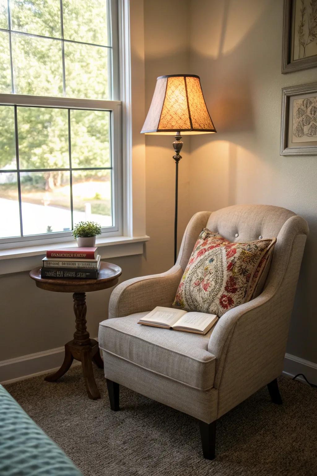 A reading nook converts a landing into a tranquil escape.